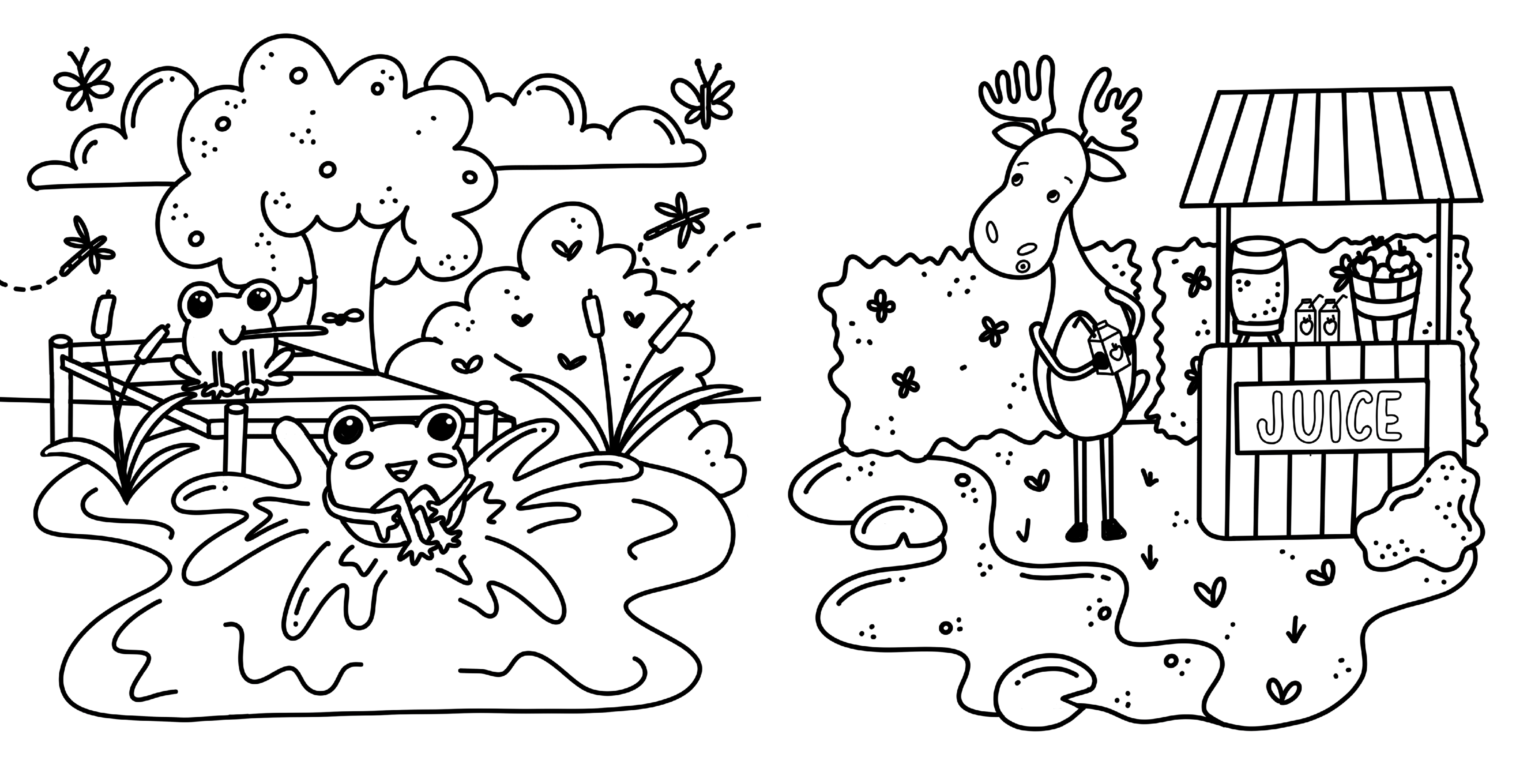 Black-and-white cartoon scene with two frogs near a pond, one on a dock and one splashing in the water, surrounded by cattails, bushes, and butterflies; to the right, a moose holding a juice box stands next to a wooden juice stand with a jug, juice boxes, and a basket of fruit.