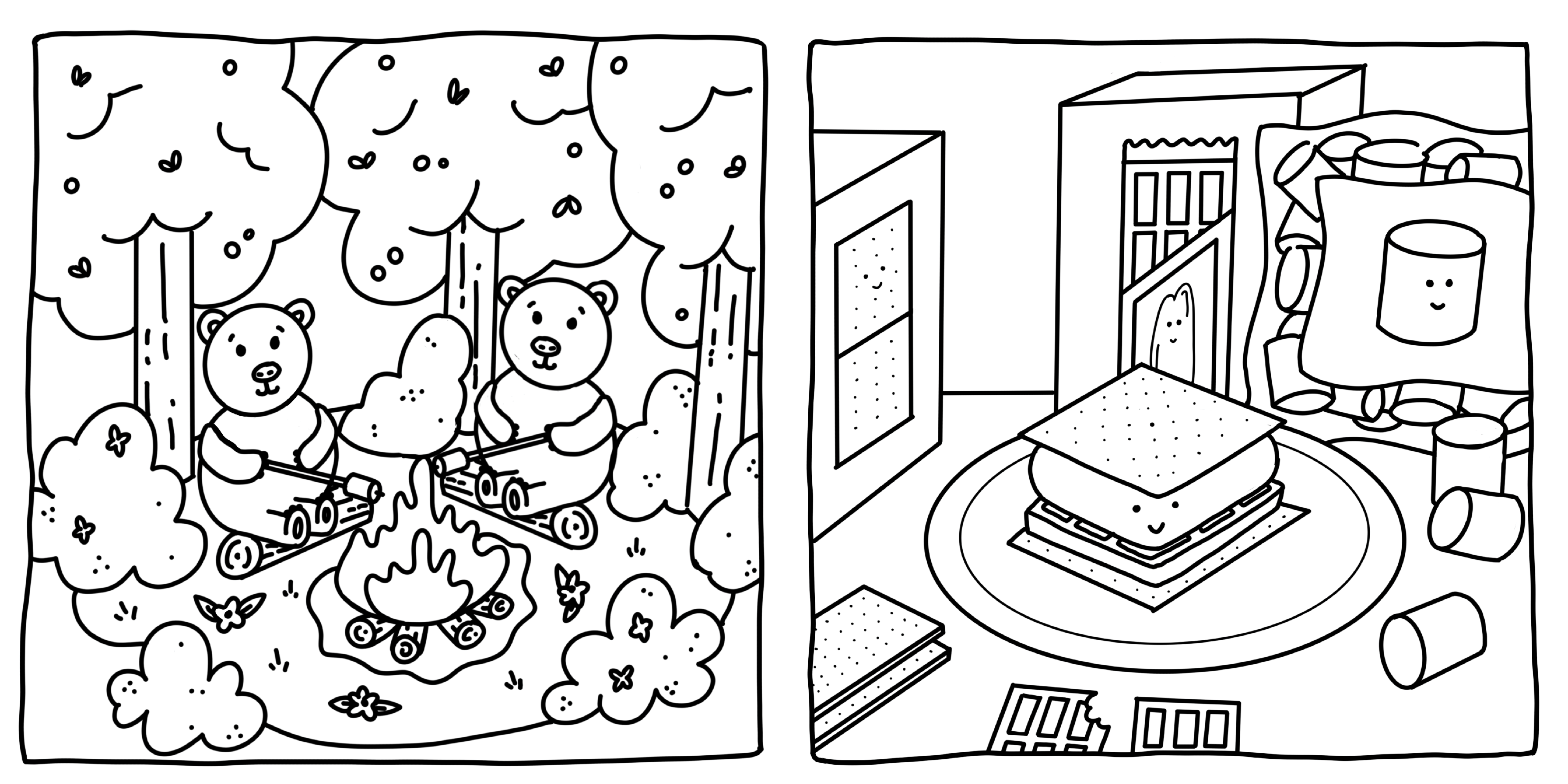 Two bears sitting by a campfire in a forest, roasting marshmallows on sticks, and a close-up of a plate with a smiling s'more surrounded by packets of marshmallows and chocolate bars.