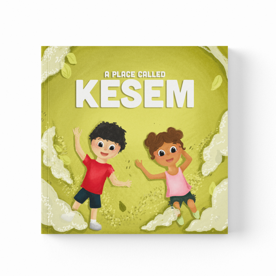 Book cover titled 'A Place Called Kesem' featuring two cartoon children lying on a green background with scattered leaves and white cloud-like shapes; one child has curly dark hair and wears a red shirt and blue shorts, the other has curly brown hair and wears a pink tank top and green shorts.