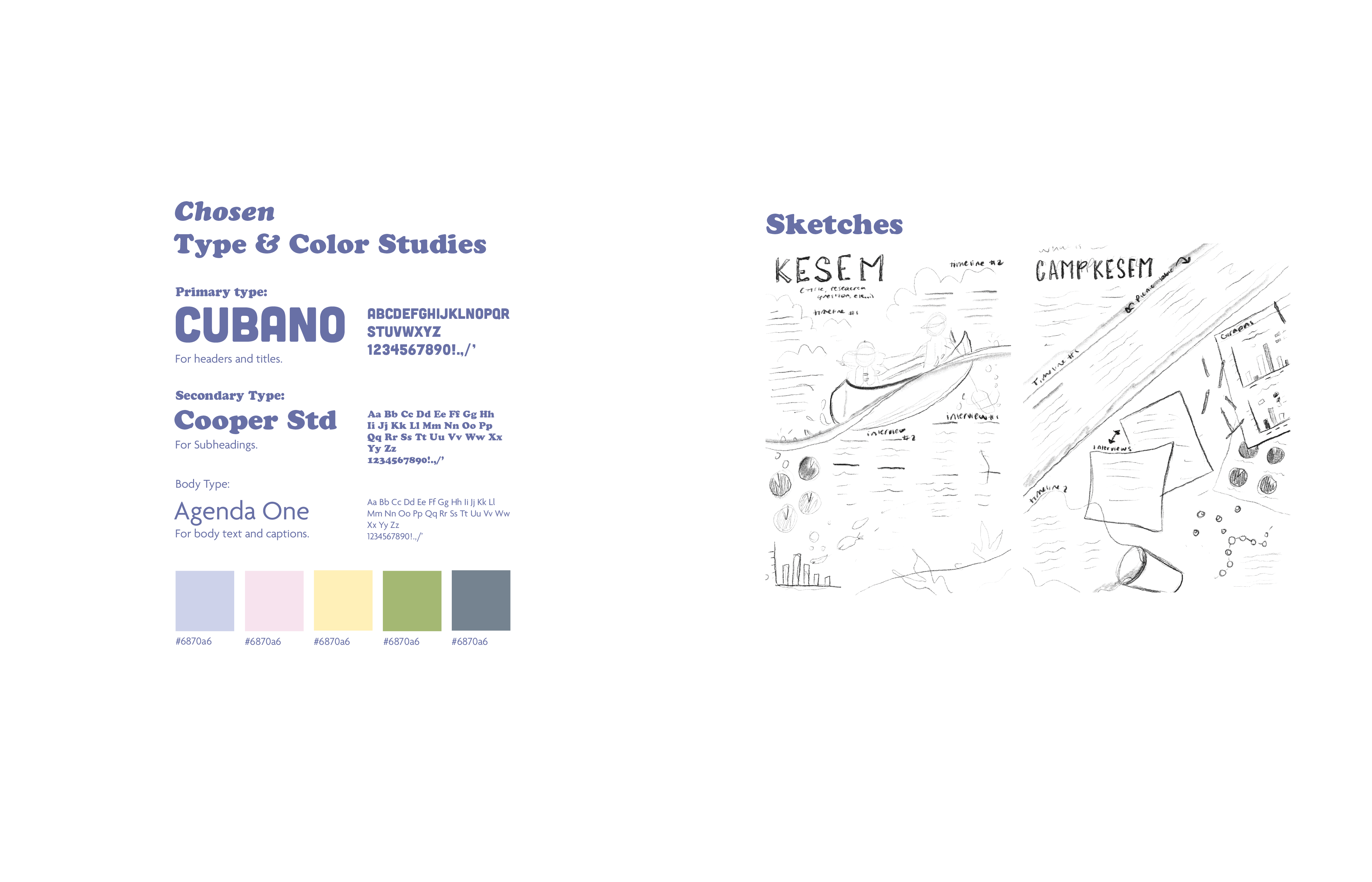 Design layout showing chosen type and color studies with three fonts: Cubano for headers, Cooper Std for subheadings, and Agenda One for body text, each with alphabet and numeral samples. Below are five color swatches in pastel shades with hex code #6870a6. On the right side, two pencil sketches titled 'KESEM' and 'CAMPKESEM' depict people in a canoe on water, handwritten notes, graphs, papers, and scattered dots indicating data or research elements.