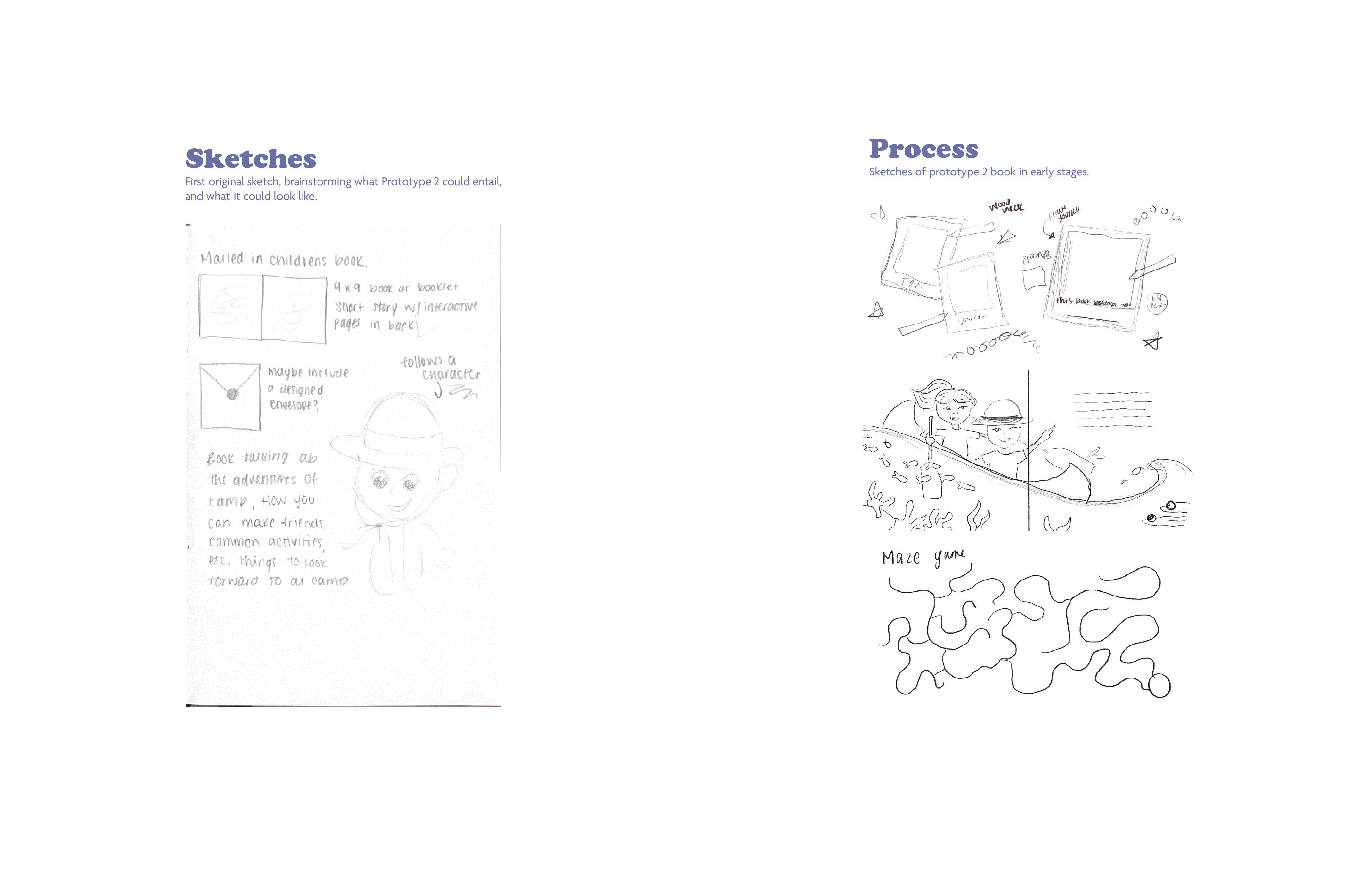 Two pages of pencil sketches and notes titled 'Sketches' and 'Process' for a prototype book design. The left page shows a child character sketch with notes about a 9x9 book or booklet, interactive pages, a designed envelope, and a story about camp adventures. The right page includes sketches of book covers, a drawing of two children in a boat with water, and a maze game outline.