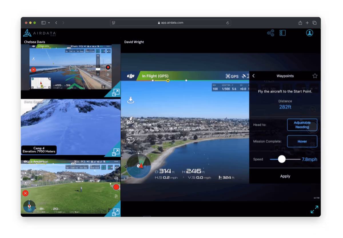 AirData Dynamic Multiview Player showing multiple live feeds