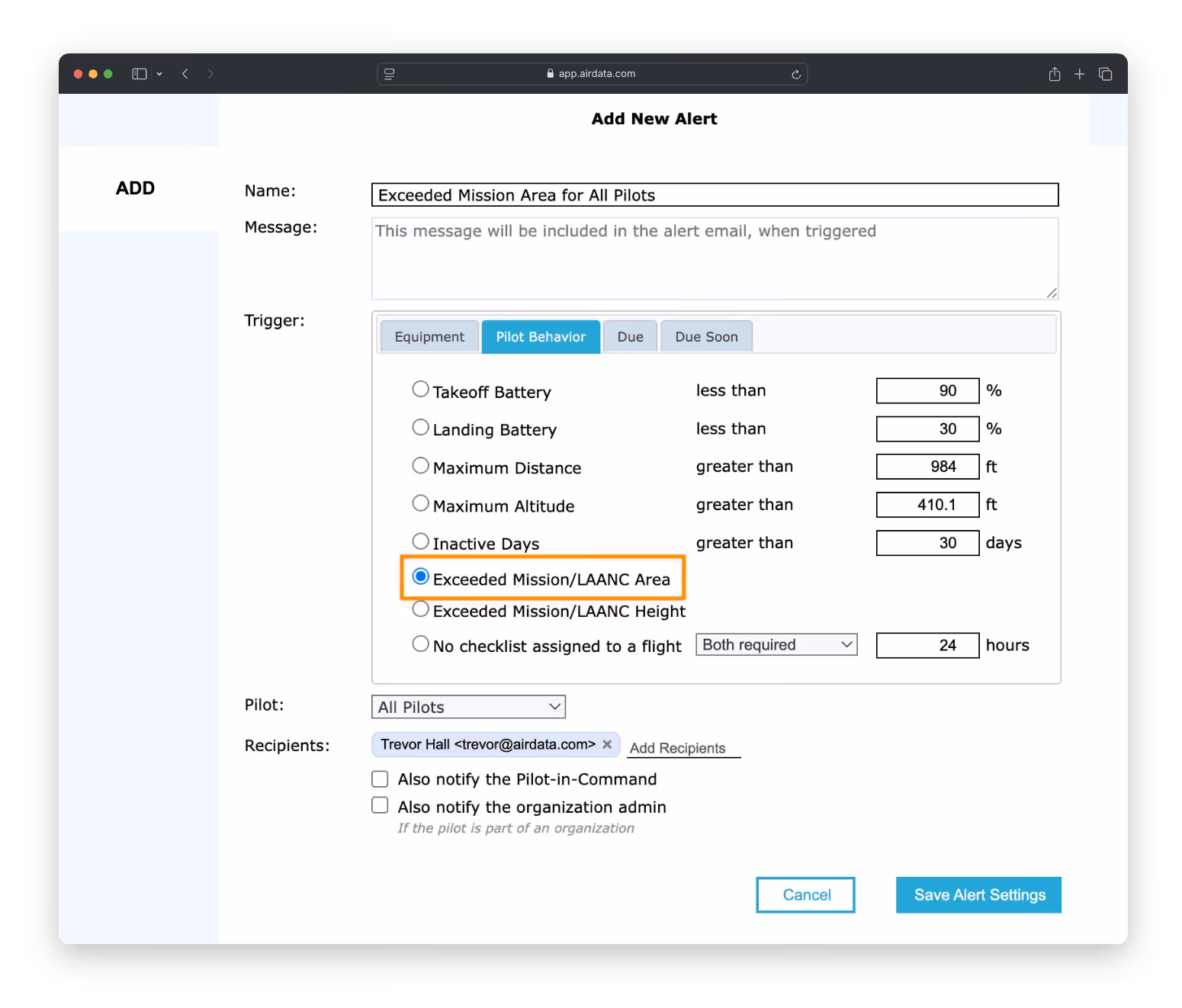 Setup screen for Exceeded Mission / LAANC Area alert