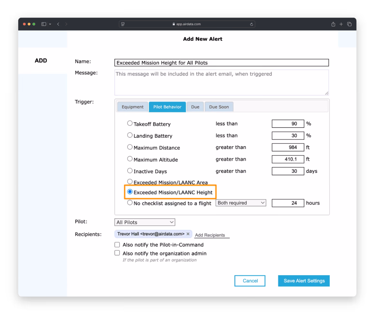 Setup screen for Exceeded Mission / LAANC Height alert