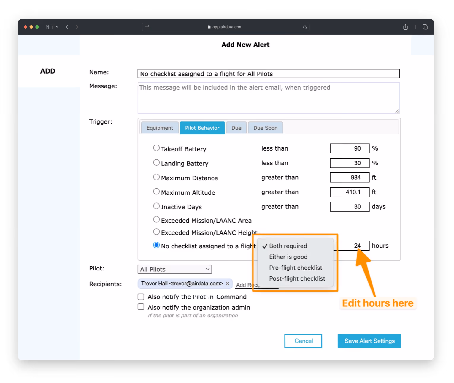 Setup screen for No Checklists Assigned alert