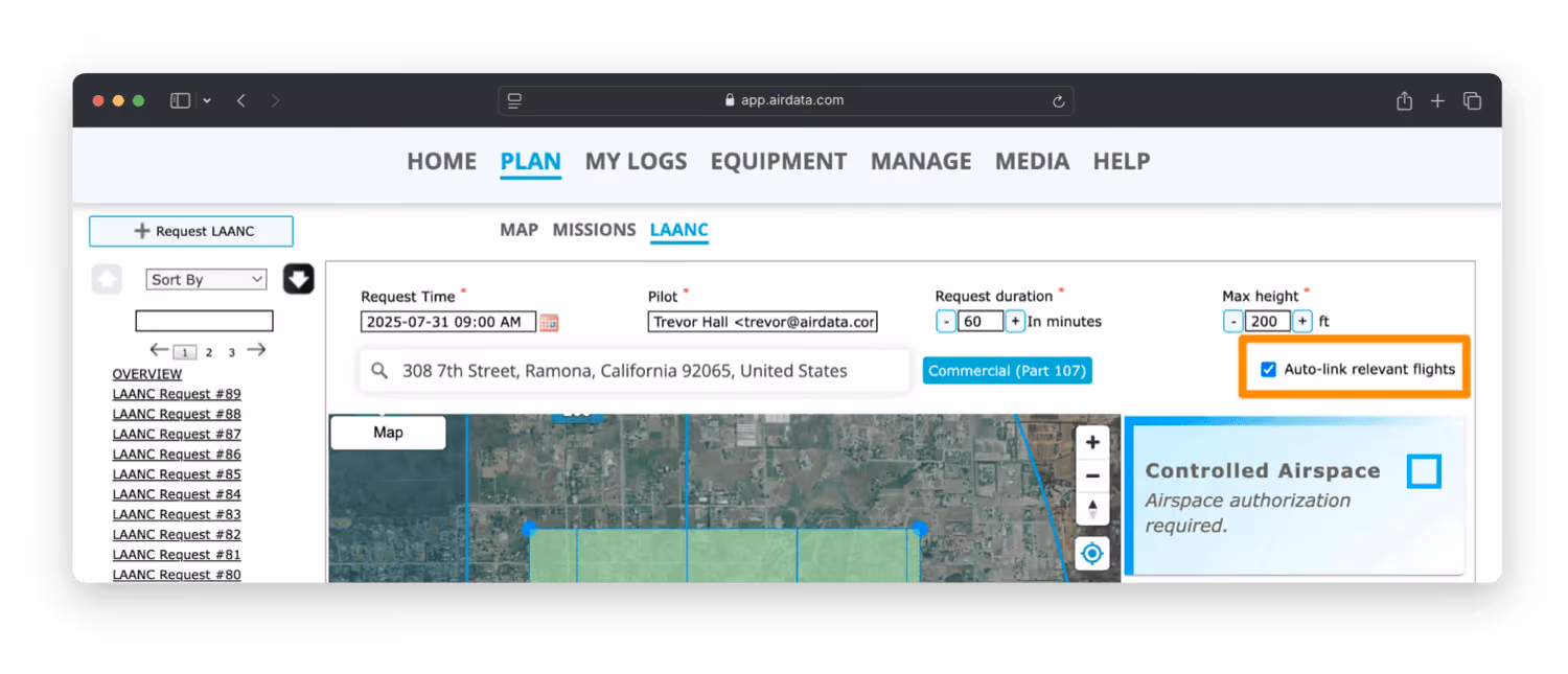 Auto-link flights to LAANC