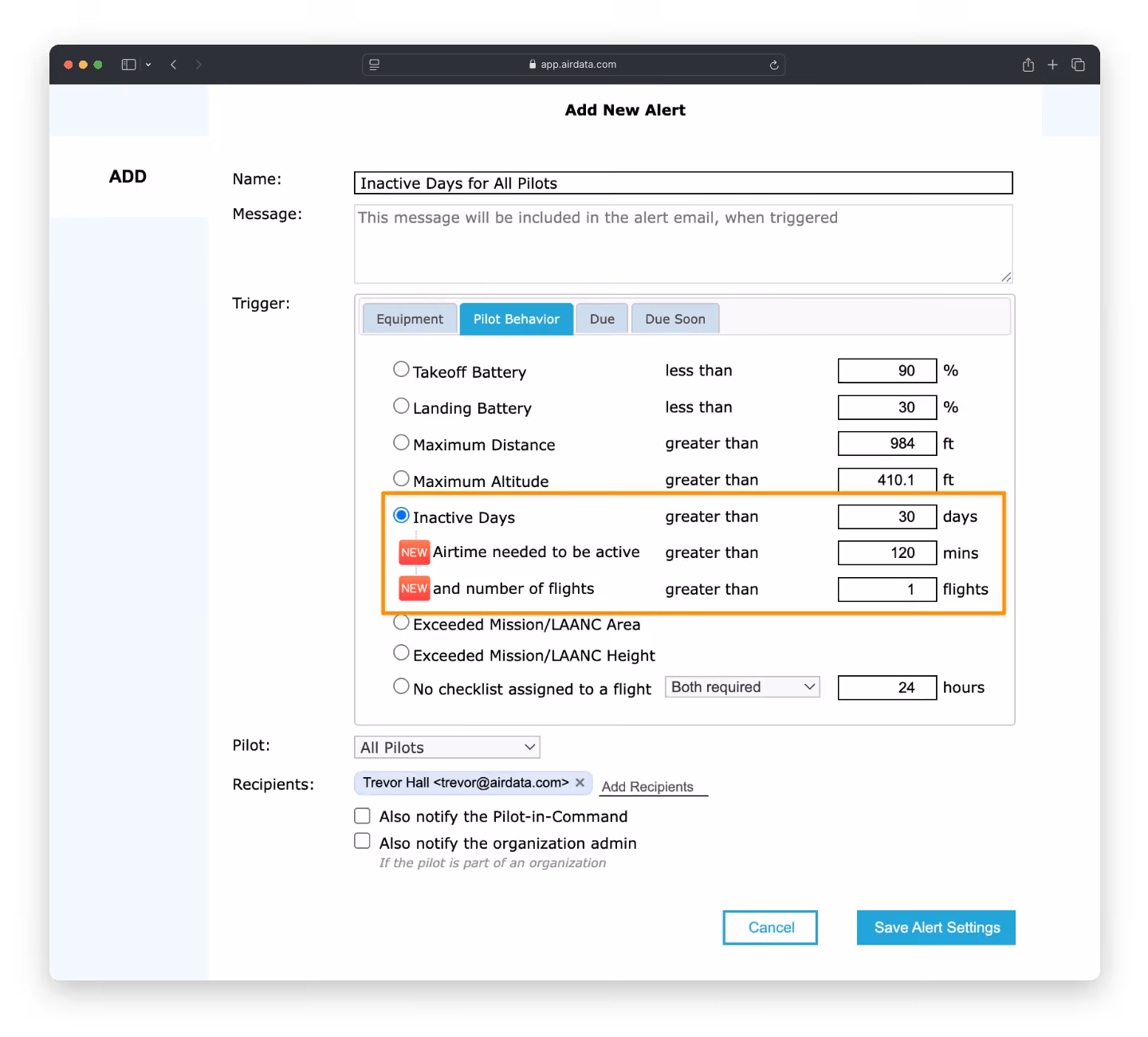 Setup screen for pilot inactivity alert