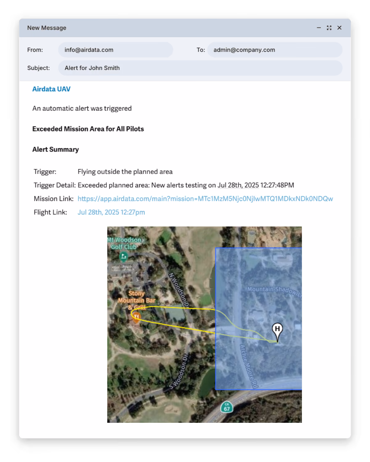 Email alert with map thumbnail