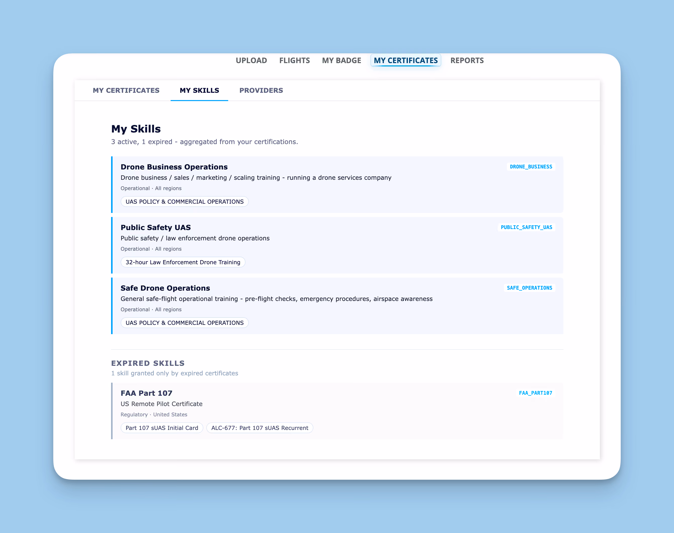 MY CERTIFICATES adds SKILLS and PROVIDERS tabs