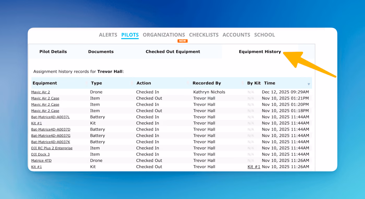 New Equipment History tab for pilots