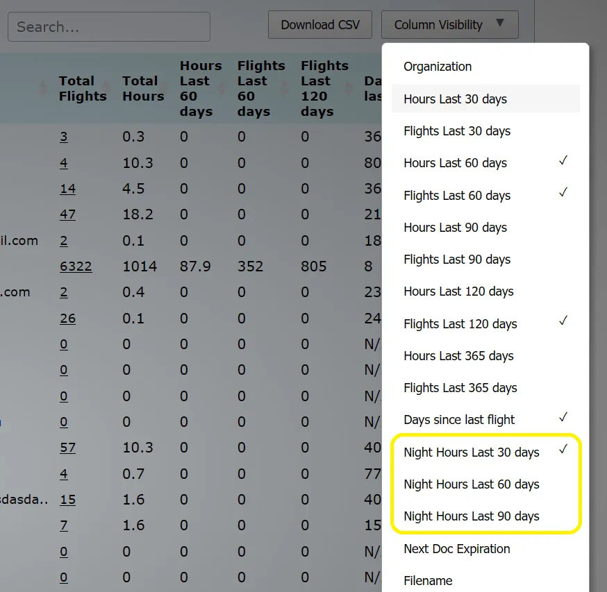Track pilot night hours in pilots overview