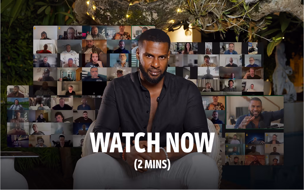 A confident man in a black shirt and white pants sits in a chair, looking directly at the camera with folded hands, against a background showing a virtual video conference with many participants, and bold white text reading 'JOIN NOW' across the bottom center.
