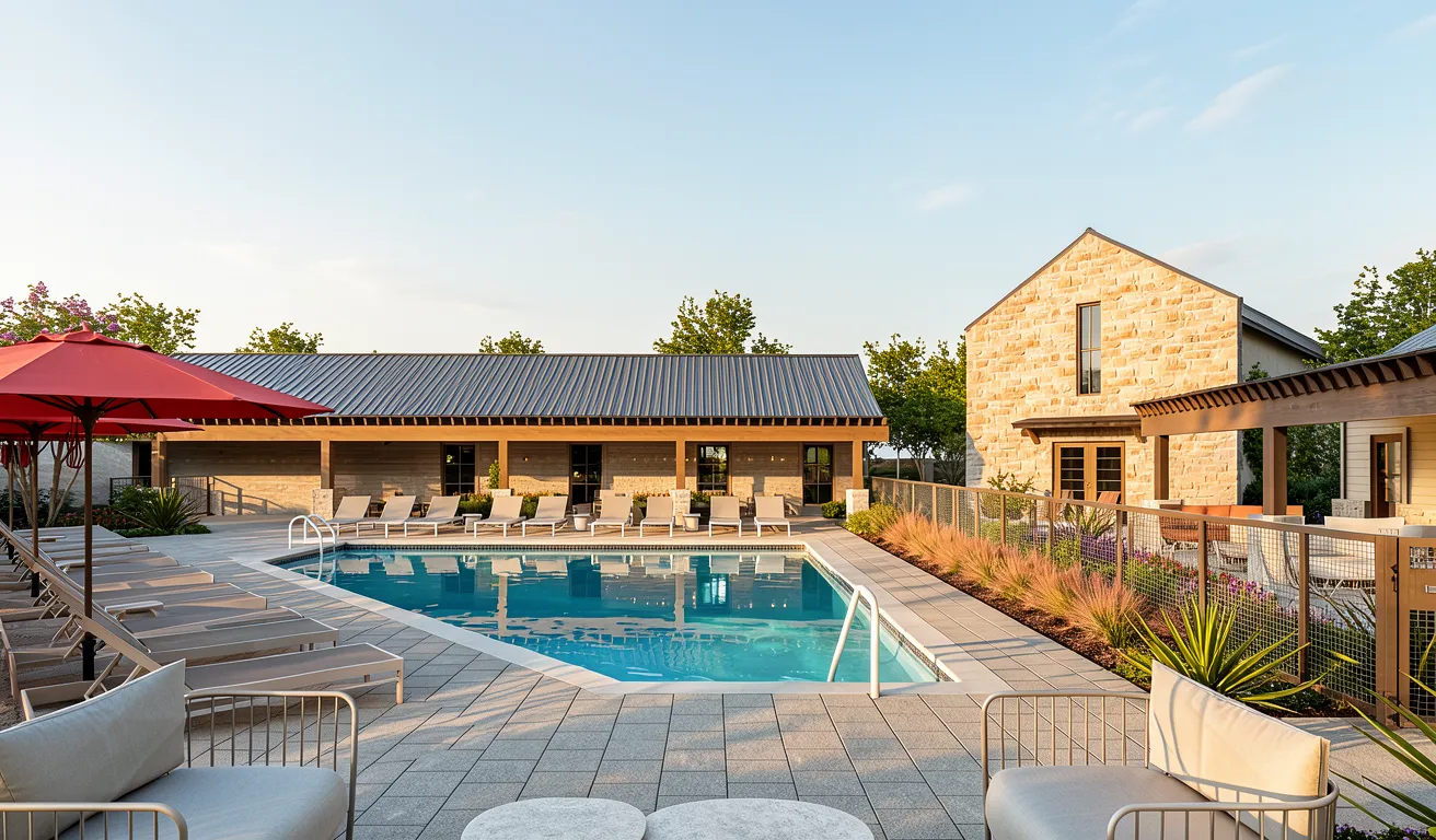 Rendering of the Wildflower Lockhart pool at golden hour with loungers and a shaded clubhouse porch