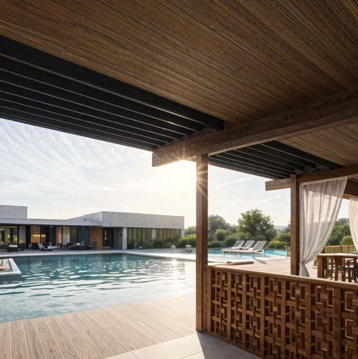 Rendering of the Live Oaks pool seen from beneath a timber pavilion, with sunlight raking across the water and the amenity building beyond