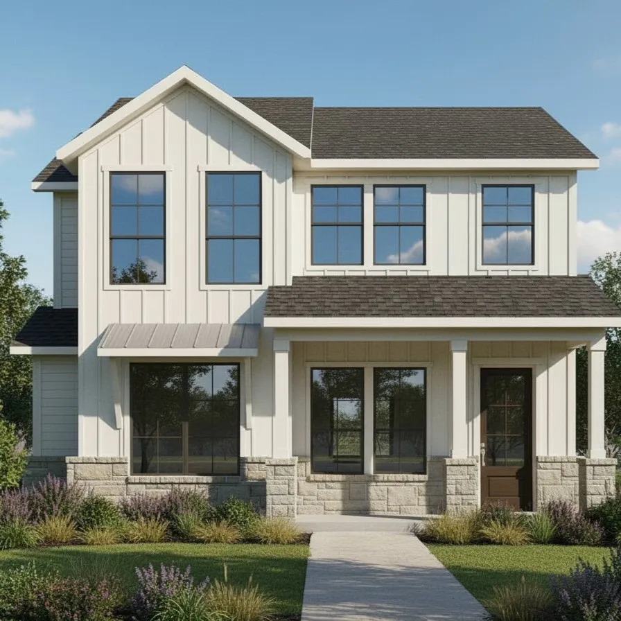 Rendering of a representative three bedroom Upward home with a covered front porch and private entry