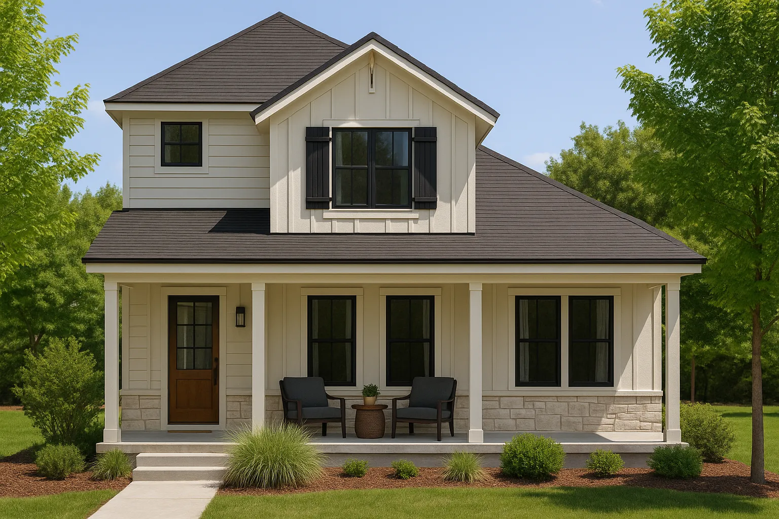 Rendering of a three bedroom Upward home with a covered front porch and private entryway