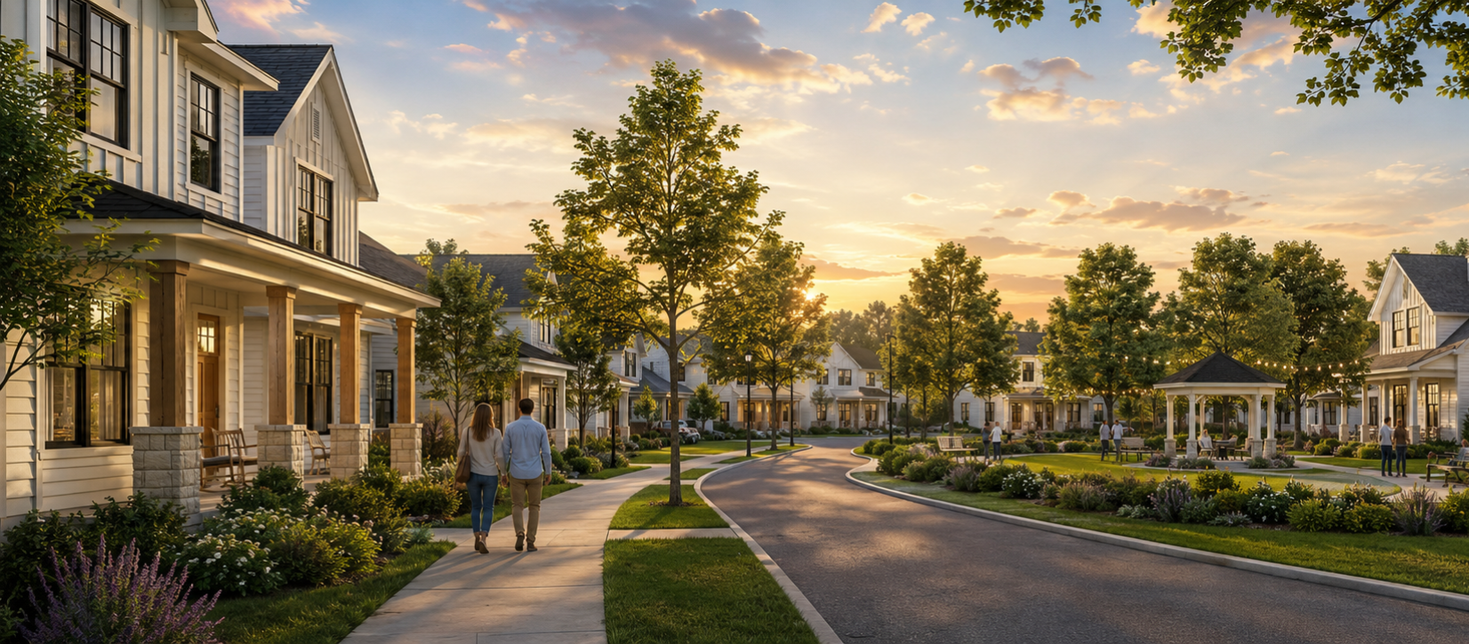 Rendering of a tree lined Upward street at golden hour, with two residents walking past front porches toward a neighborhood pavilion