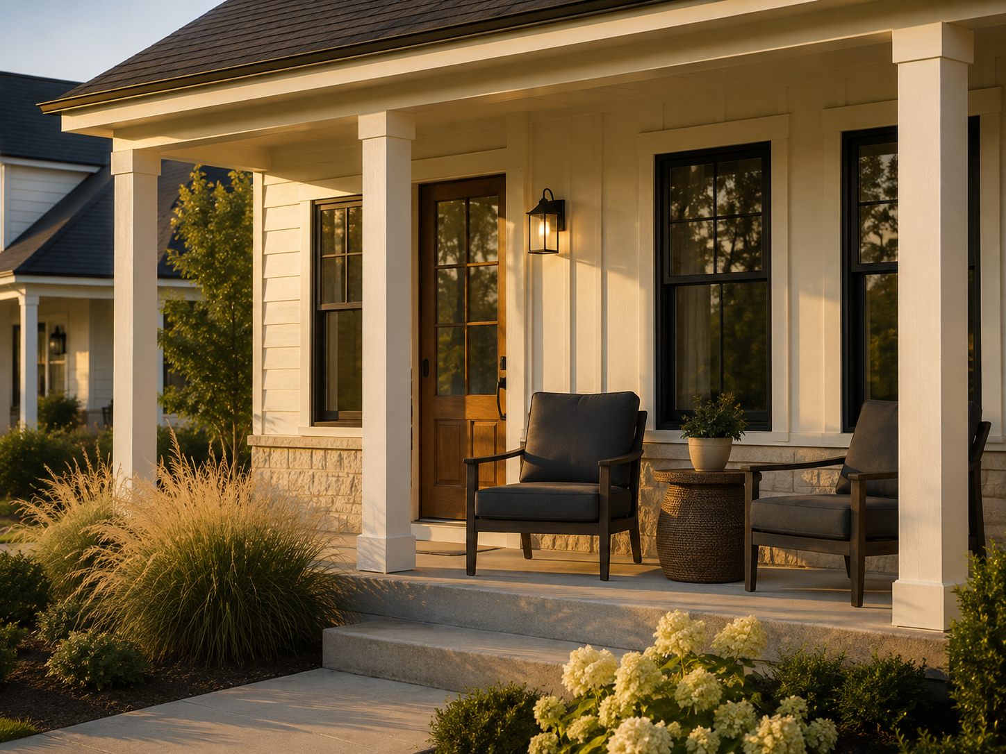 Covered front porch of an Upward home at golden hour, with two lounge chairs, a side table and landscaped steps