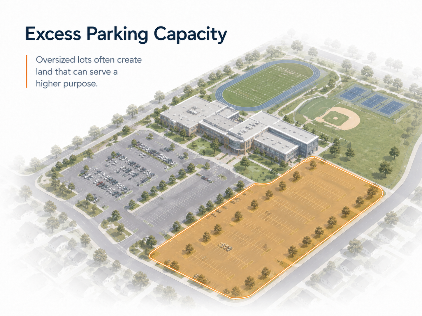 Aerial illustration of a public campus with an oversized parking lot outlined in orange as surplus land