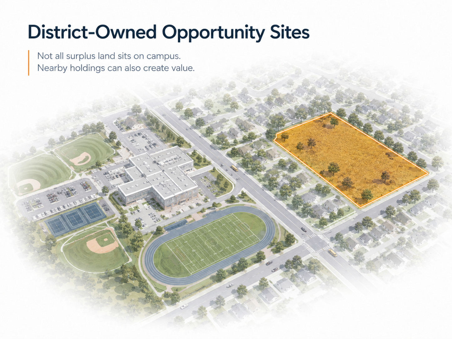 Aerial illustration of a vacant block across the street from a public campus, outlined in orange