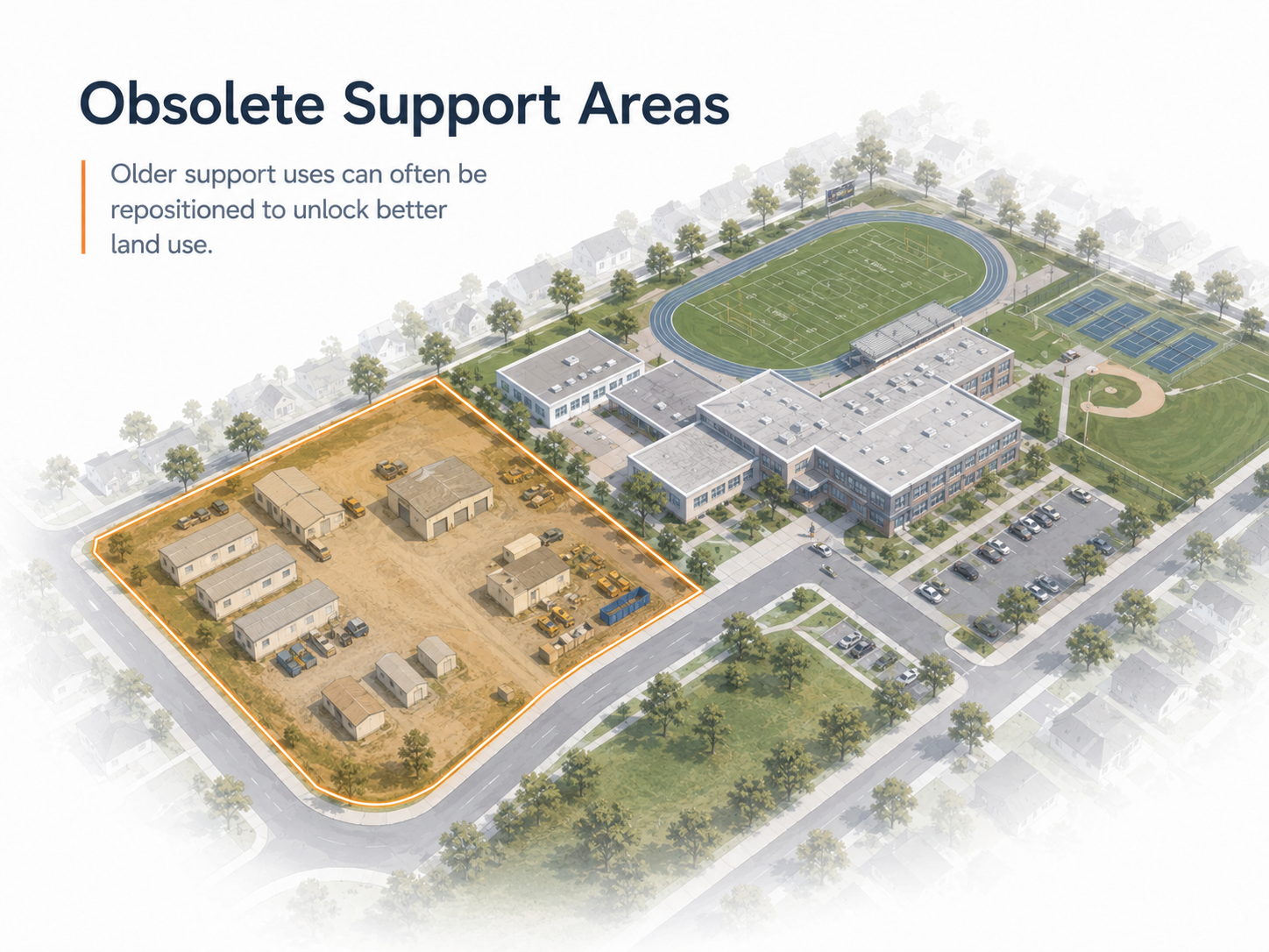Aerial illustration of an older support yard with portables and shops outlined in orange beside a public campus