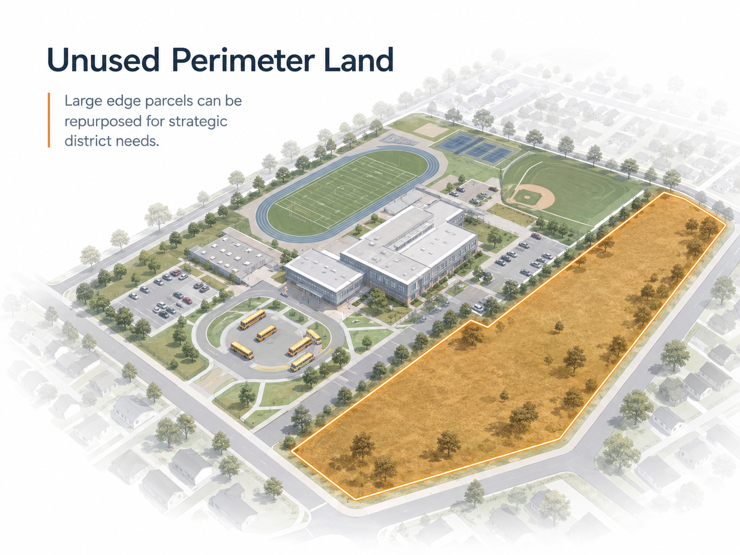 Aerial illustration of a public campus with a large unused perimeter parcel outlined in orange