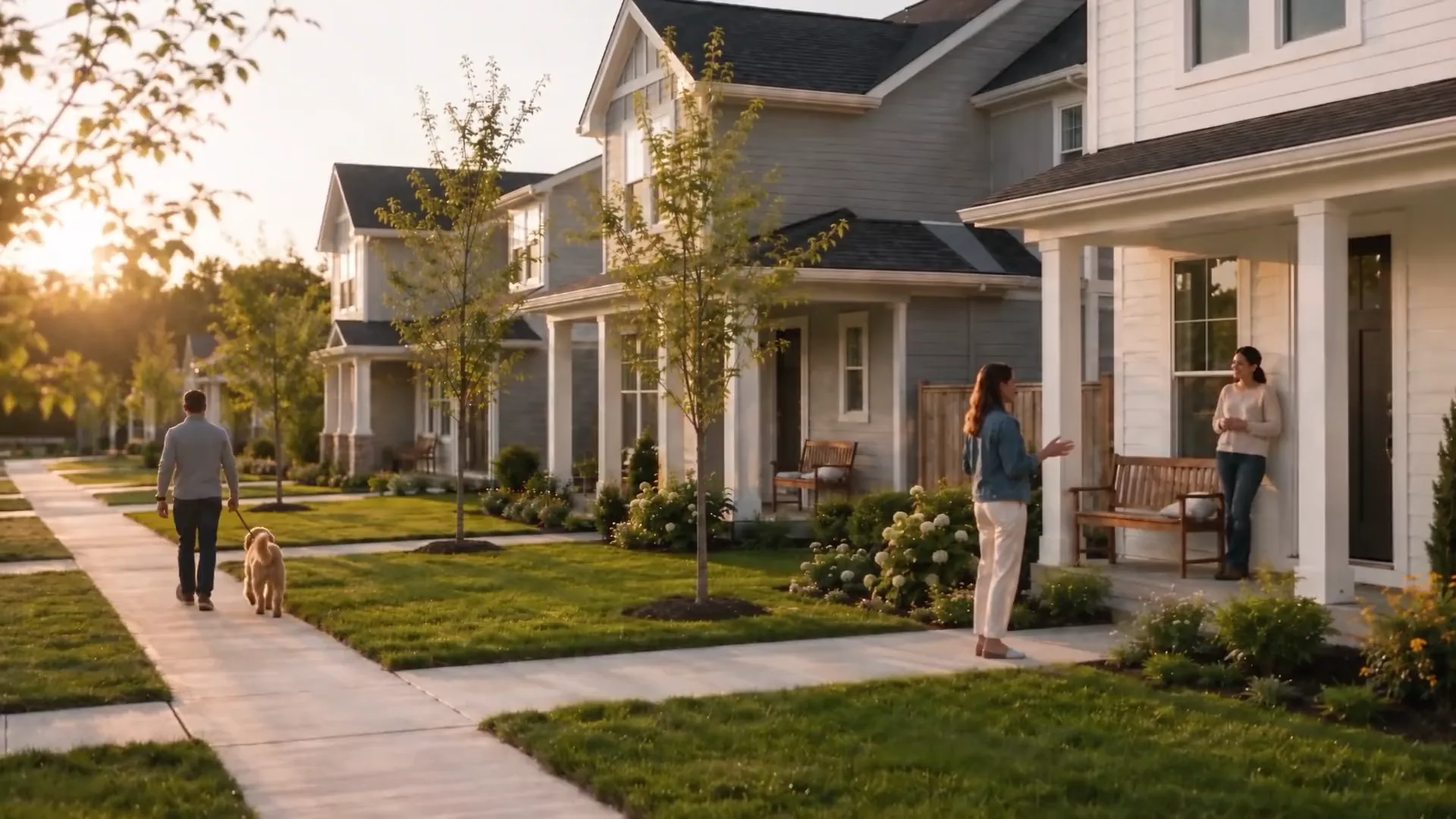 Residents walking and talking outside newly built Upward Communities homes at sunset.