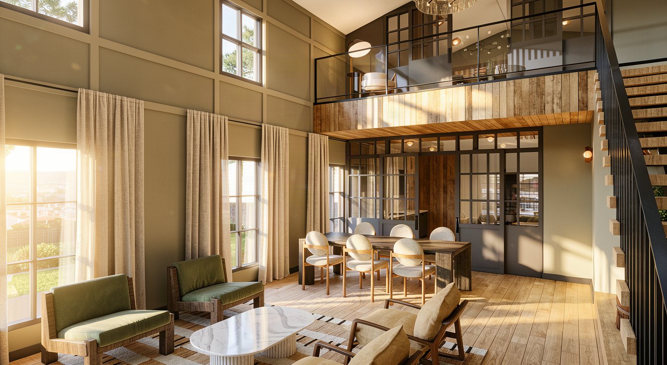 Rendering of the double height clubhouse lounge with a dining table and seating area