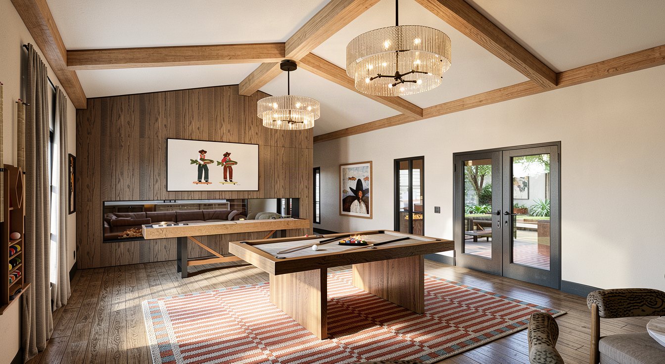 Rendering of the clubhouse game room with a pool table and shuffleboard