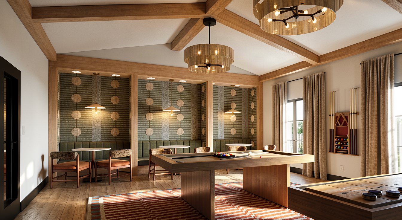 Rendering of the game room banquette seating with cafe tables