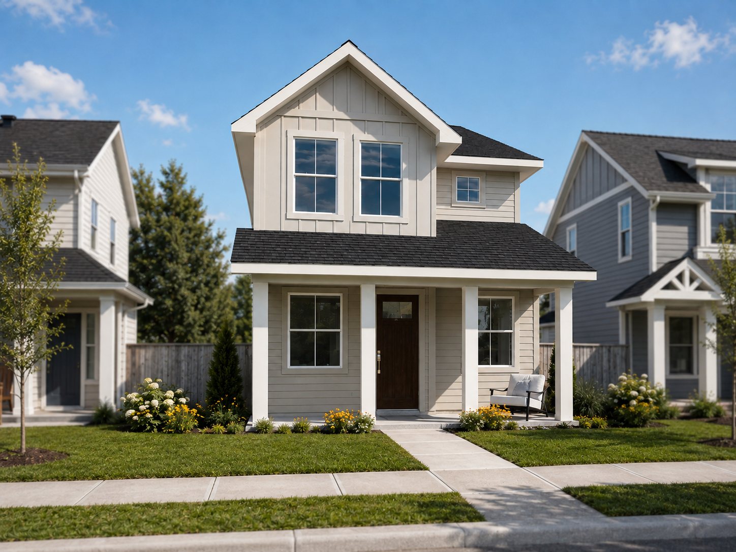 Rendering of a two-story Wildflower home with a covered front porch and board and batten gable
