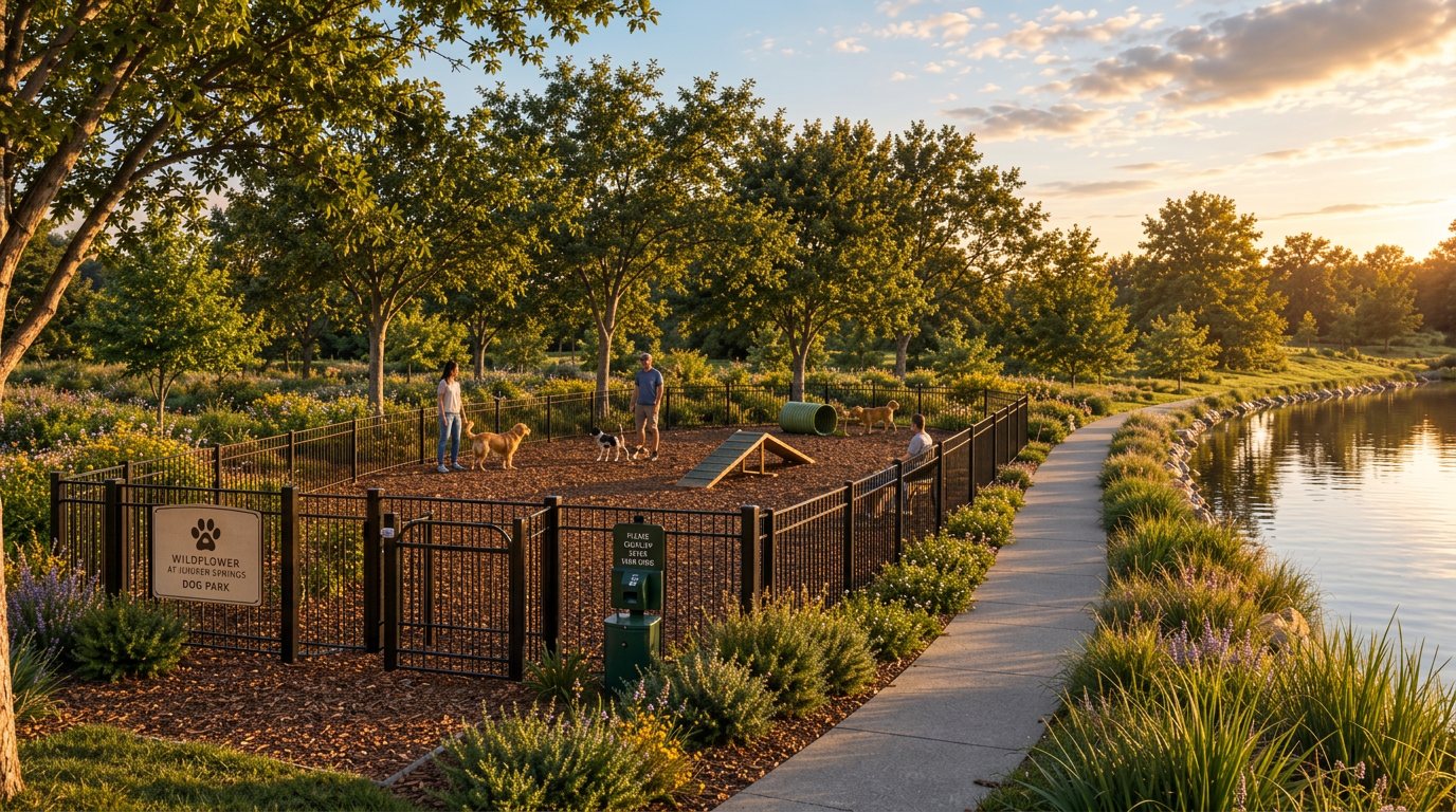 Rendering of the fenced Wildflower dog park beside the pond at golden hour