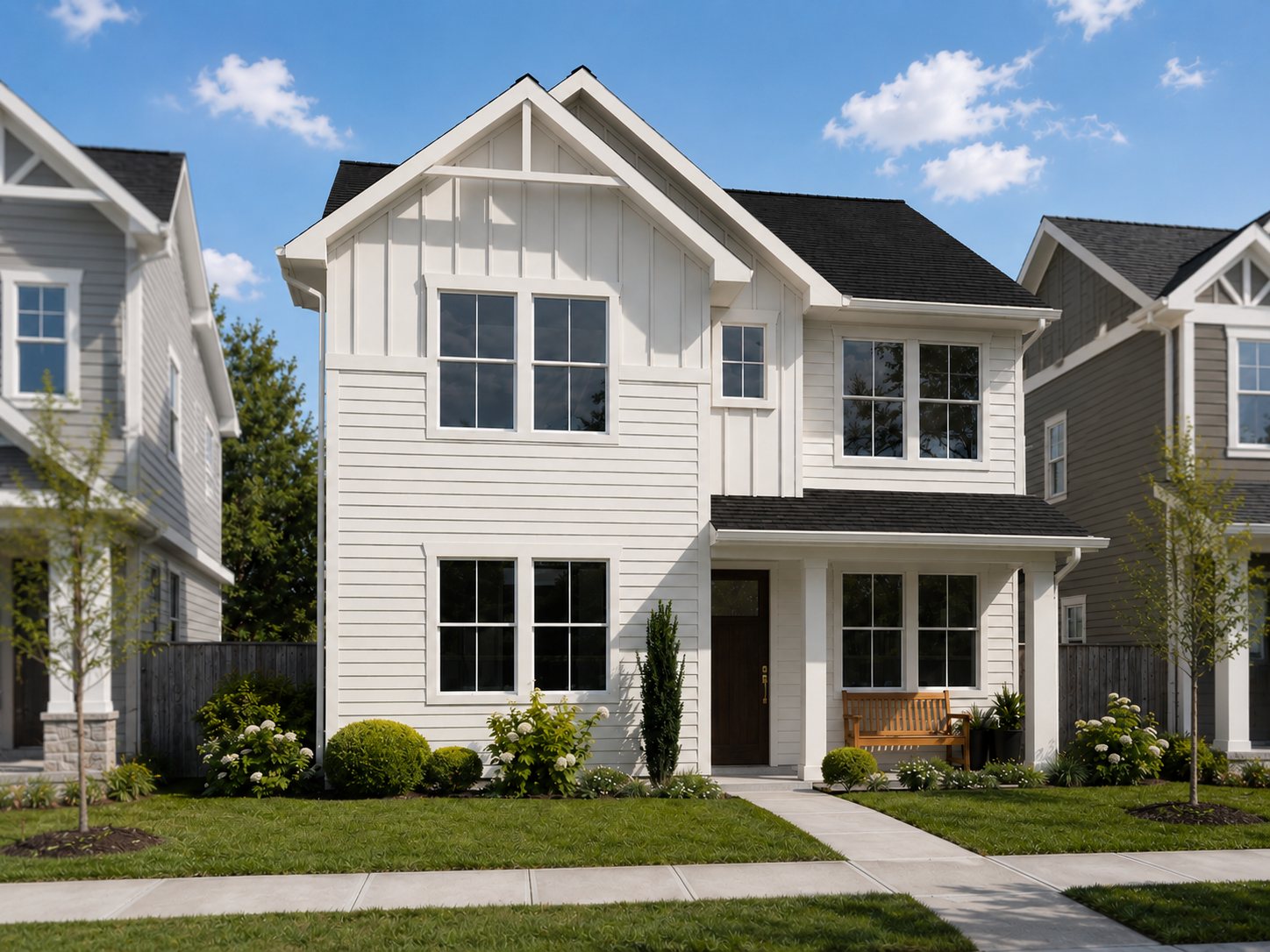 Rendering of a white two-story Wildflower home with a gabled entry porch