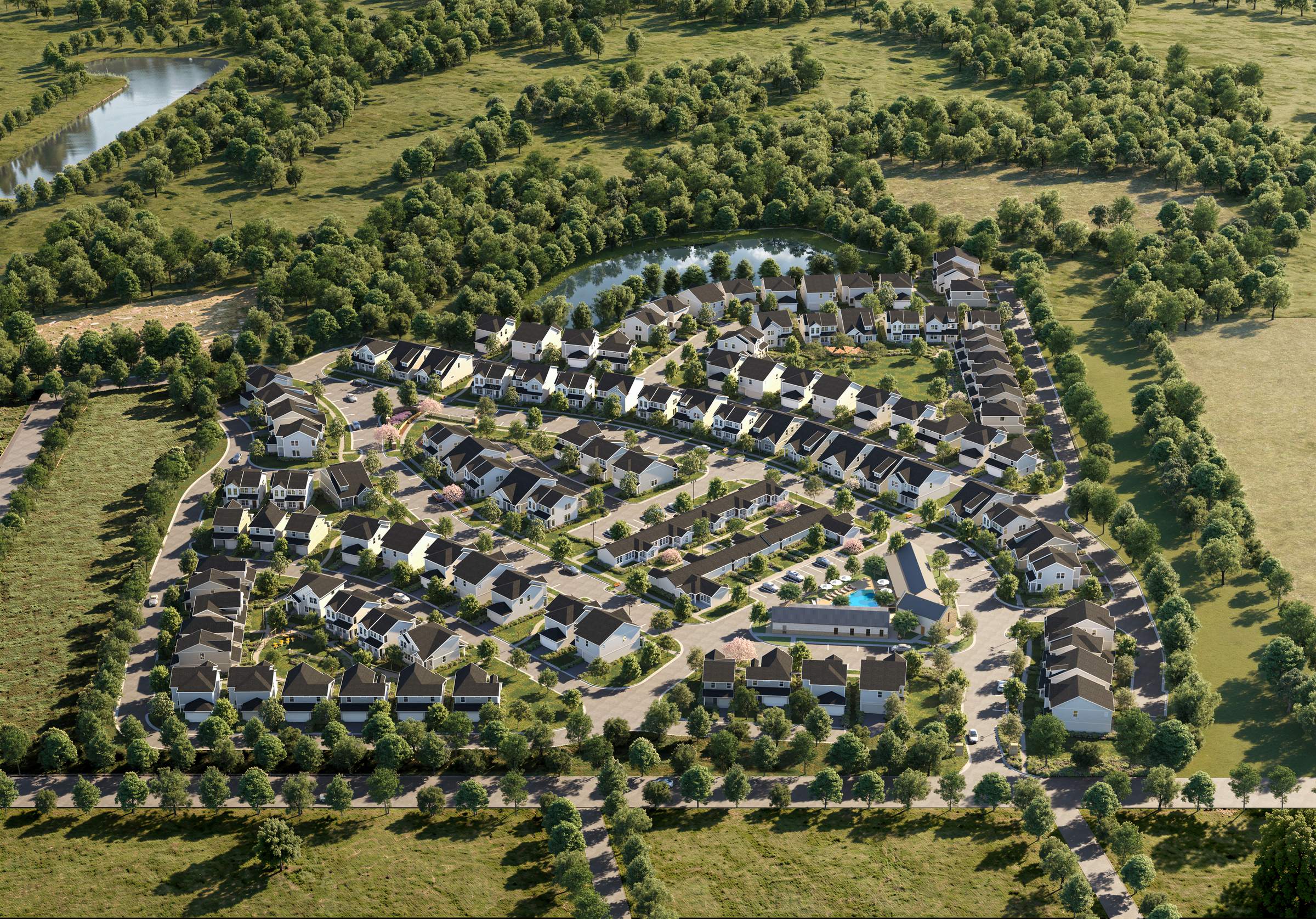 Aerial rendering of the Wildflower community showing its homes, streets and pond