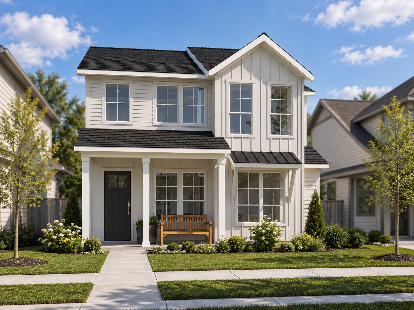 Rendering of a two-story Wildflower home with a bay window and covered entry