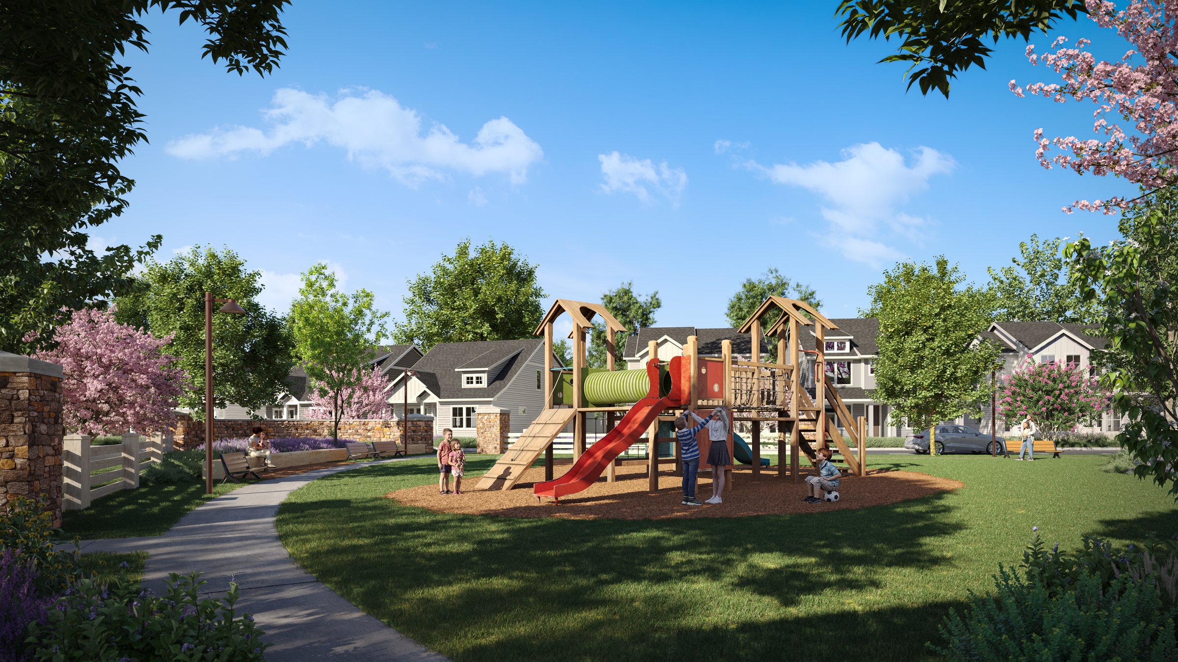 Rendering of children playing on the Wildflower playground beside a lawn and walking path