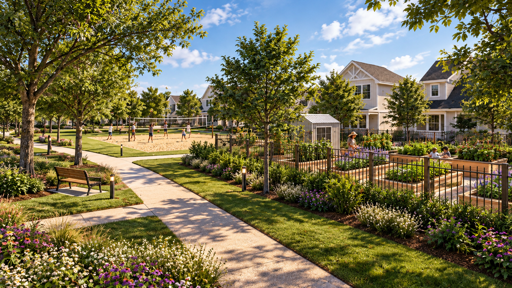 Rendering of the Live Oak Commons community garden beds and sand volleyball court along a walking path