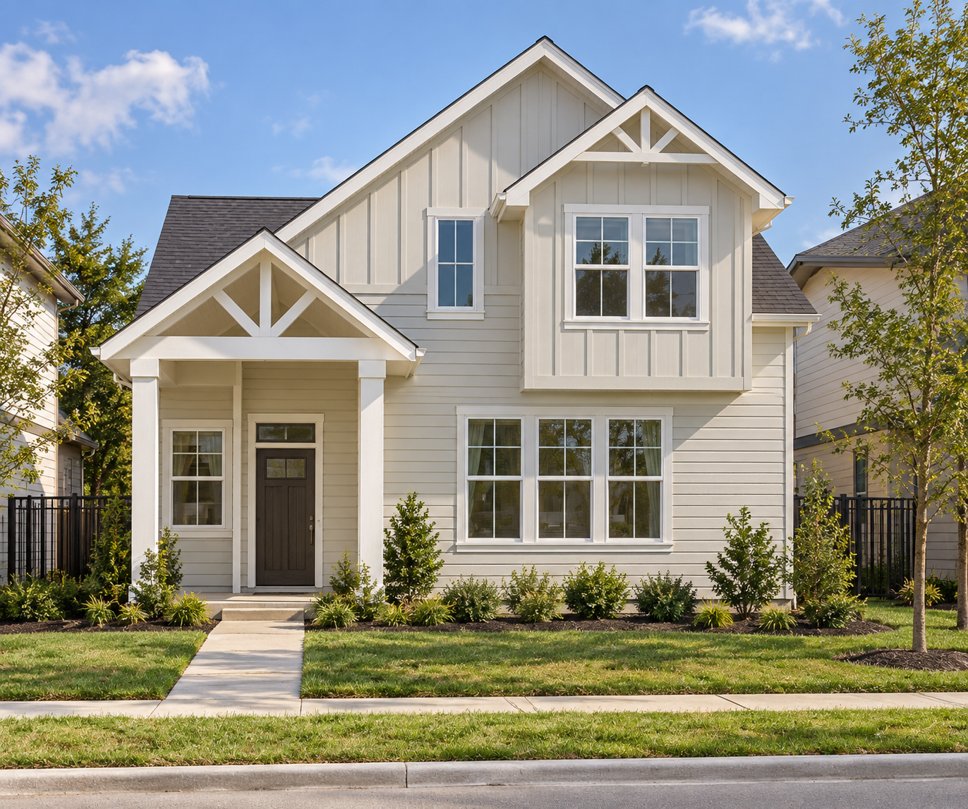 Rendering of a two-story Live Oak Commons home with board and batten siding and a gabled front porch