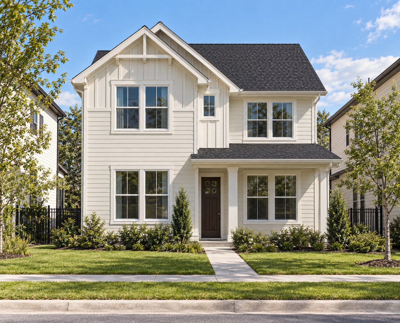 Rendering of a two-story Live Oak Commons home with a covered front porch and dark front door