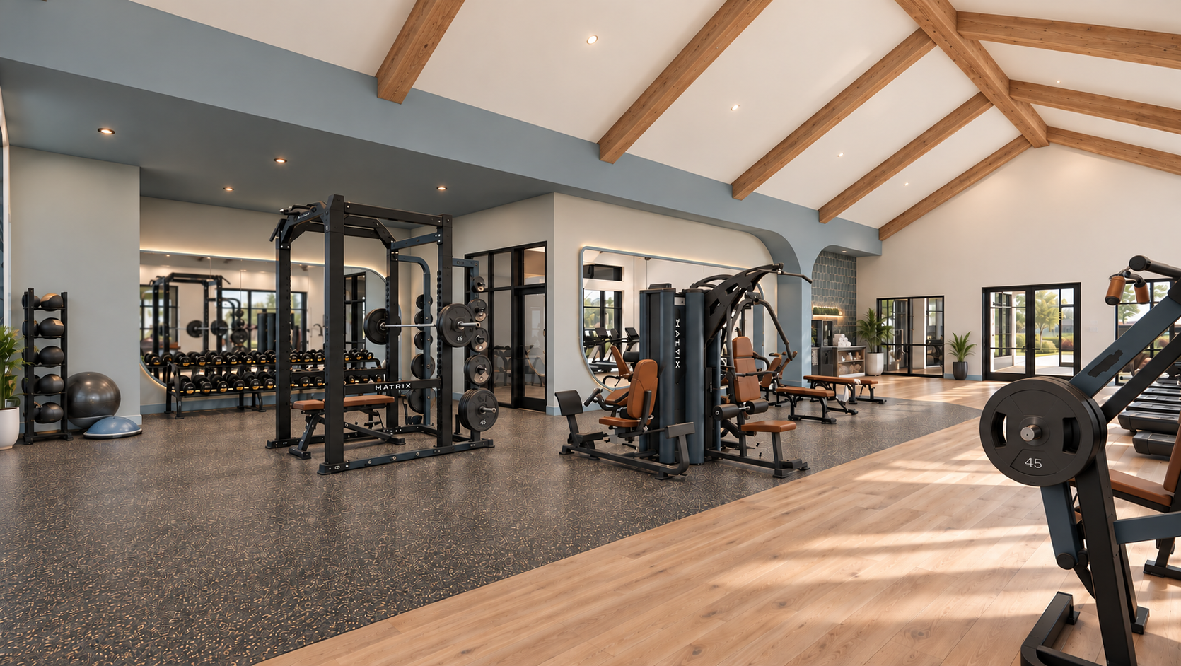 Rendering of the Live Oak Commons fitness center with strength equipment under a vaulted timber ceiling
