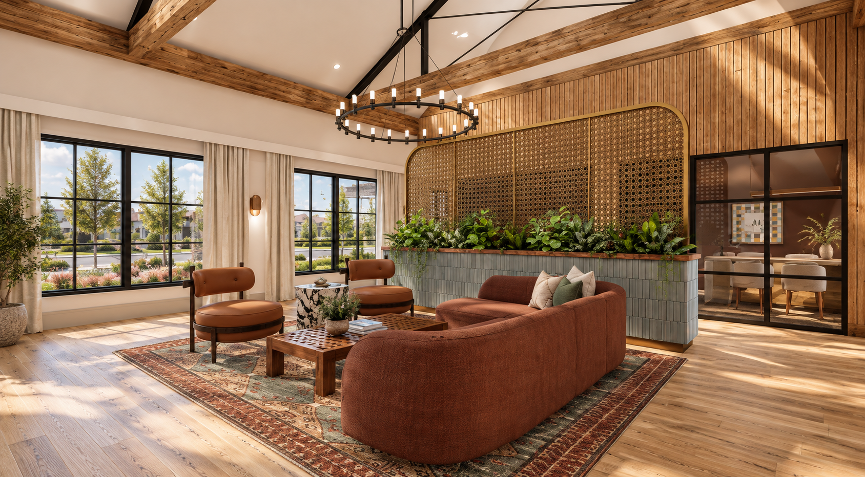 Rendering of the Live Oak Commons clubhouse lounge with a curved sofa, timber beams and a planter screen