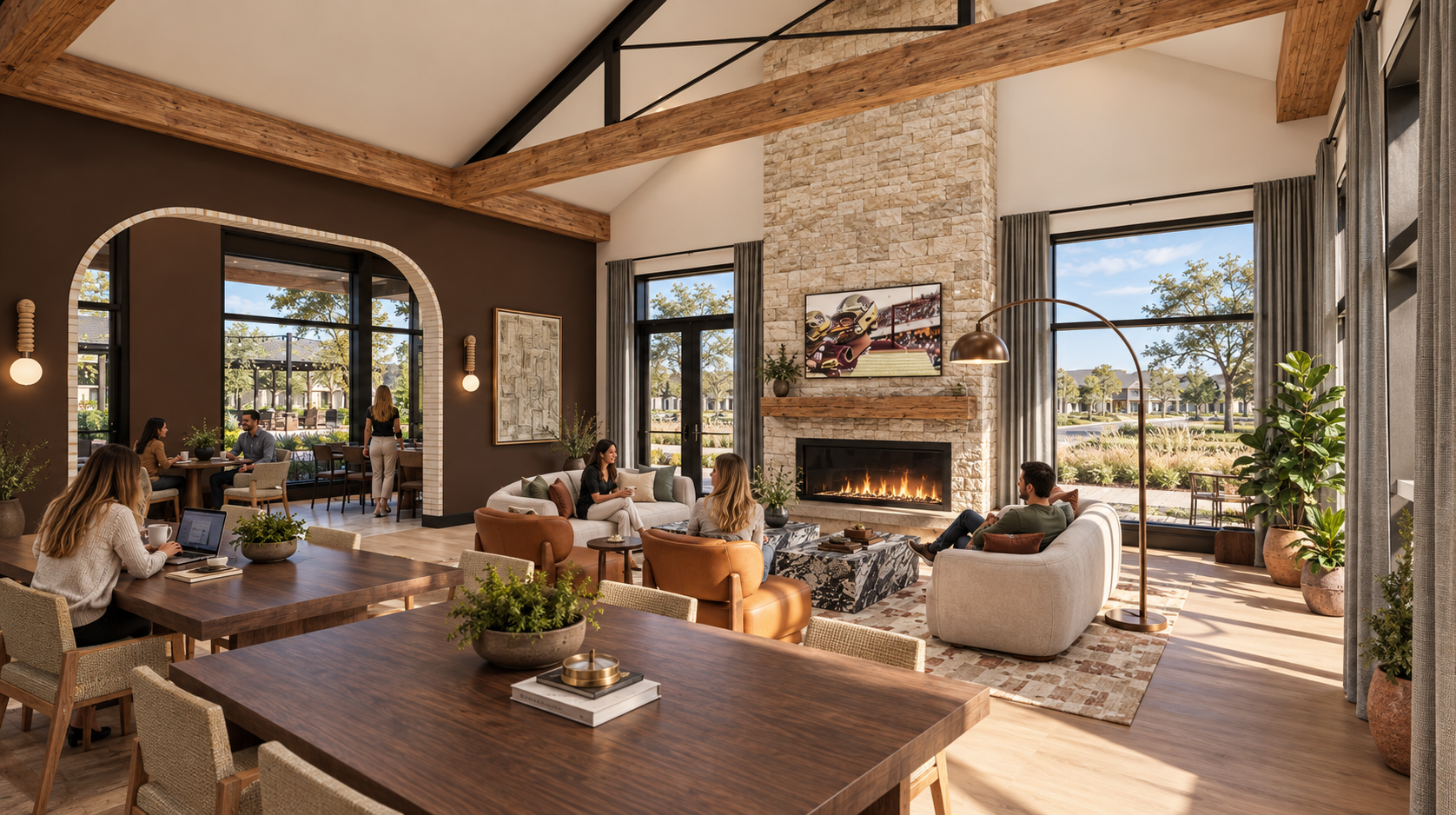 Rendering of the Live Oak Commons clubhouse great room with a stone fireplace, seating and work tables