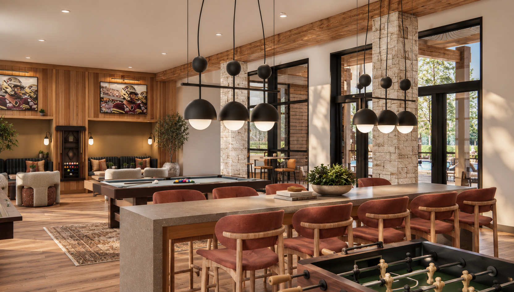 Rendering of the Live Oak Commons game room with a billiards table, bar seating and foosball