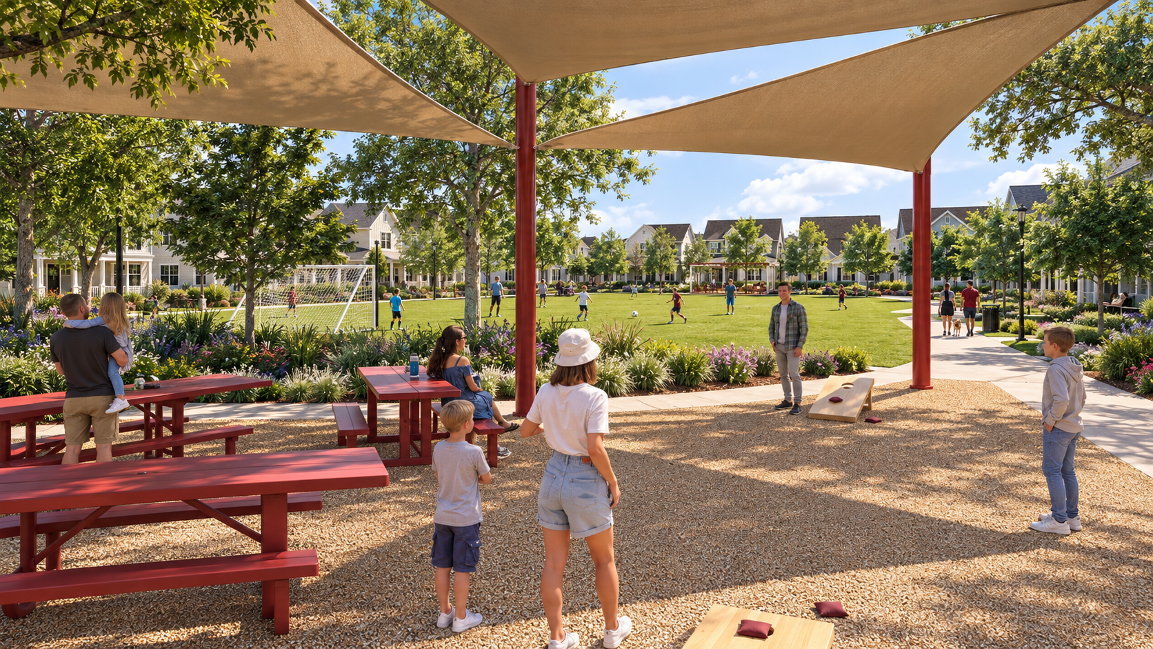 Rendering of shaded picnic tables and cornhole games beside the Live Oak Commons soccer lawn