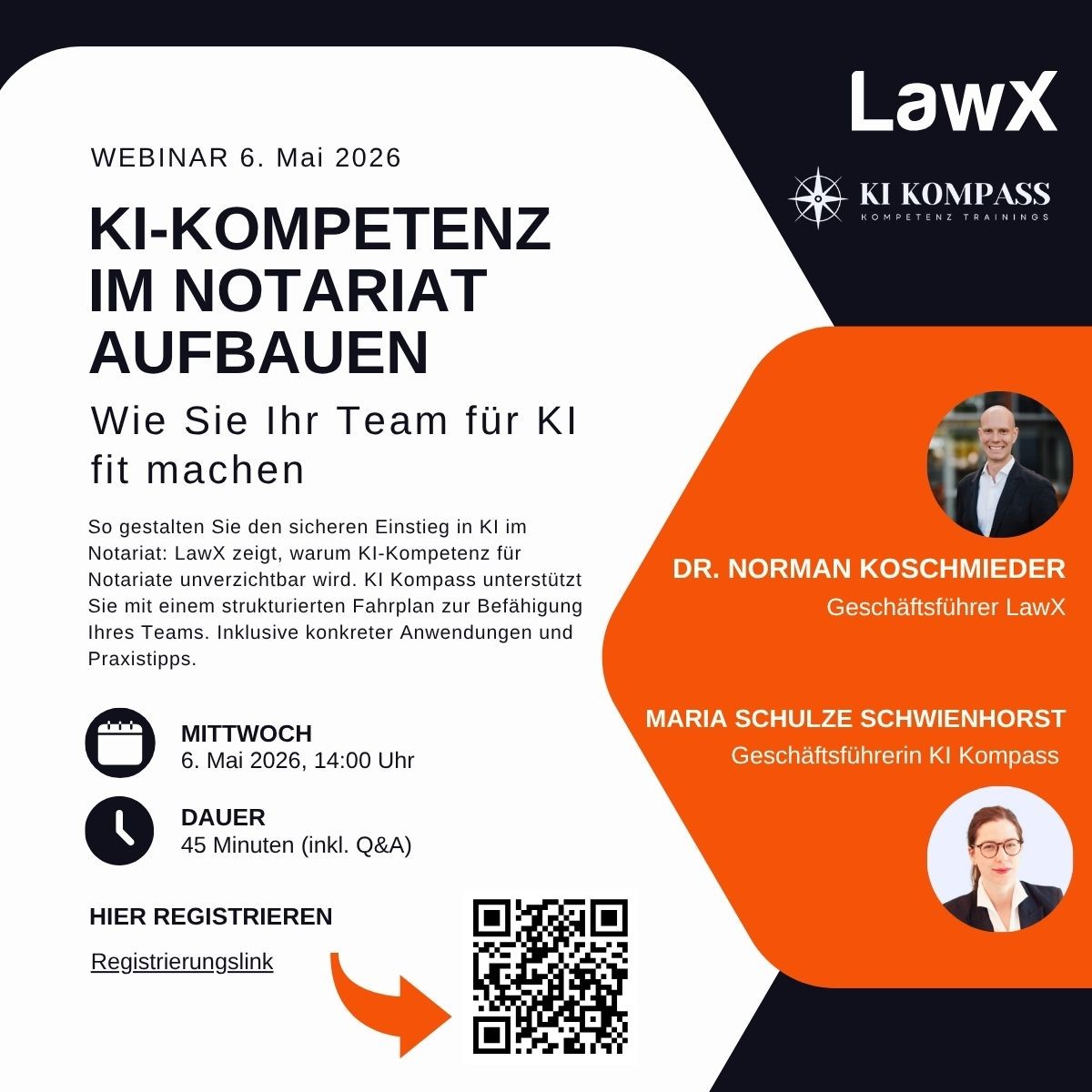Ankündigungsgrafik zum Webinar KI-Kompetenz im Notariat aufbauen von LawX und KI Kompass mit den Referenten Dr. Norman Koschmieder und Maria Schulze Schwienhorst