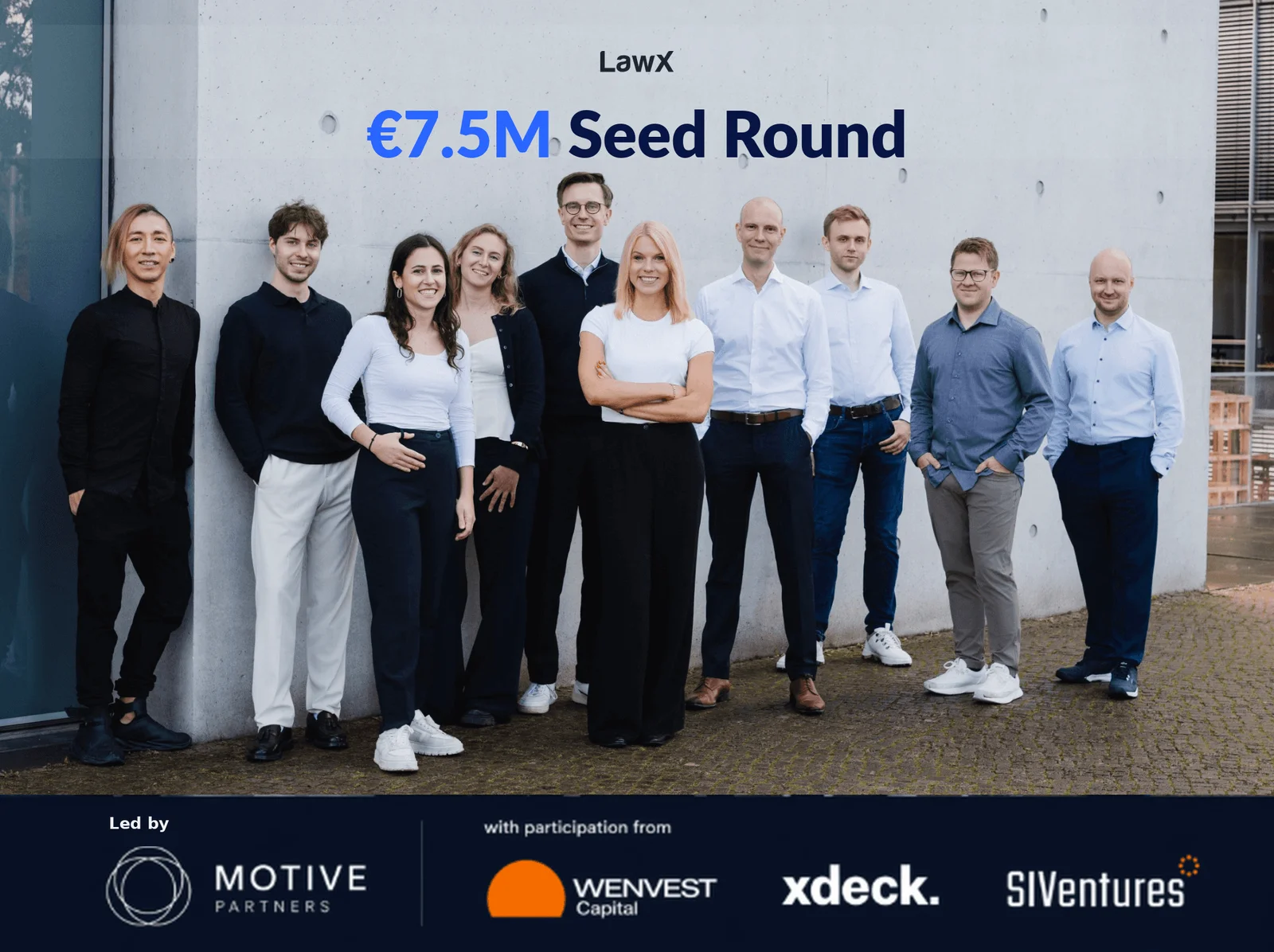 Wand mit der Aufschrift 7.5M Euro Seed Round und LawX Logo
