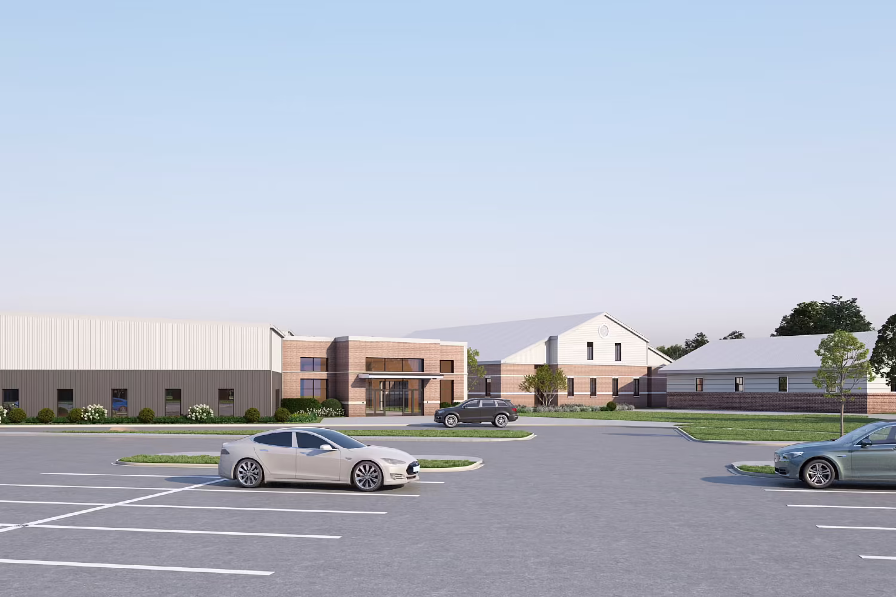 Architectural rendering of Calvary Church's campus exterior and parking lot, with cars parked in the foreground and the building complex beyond.