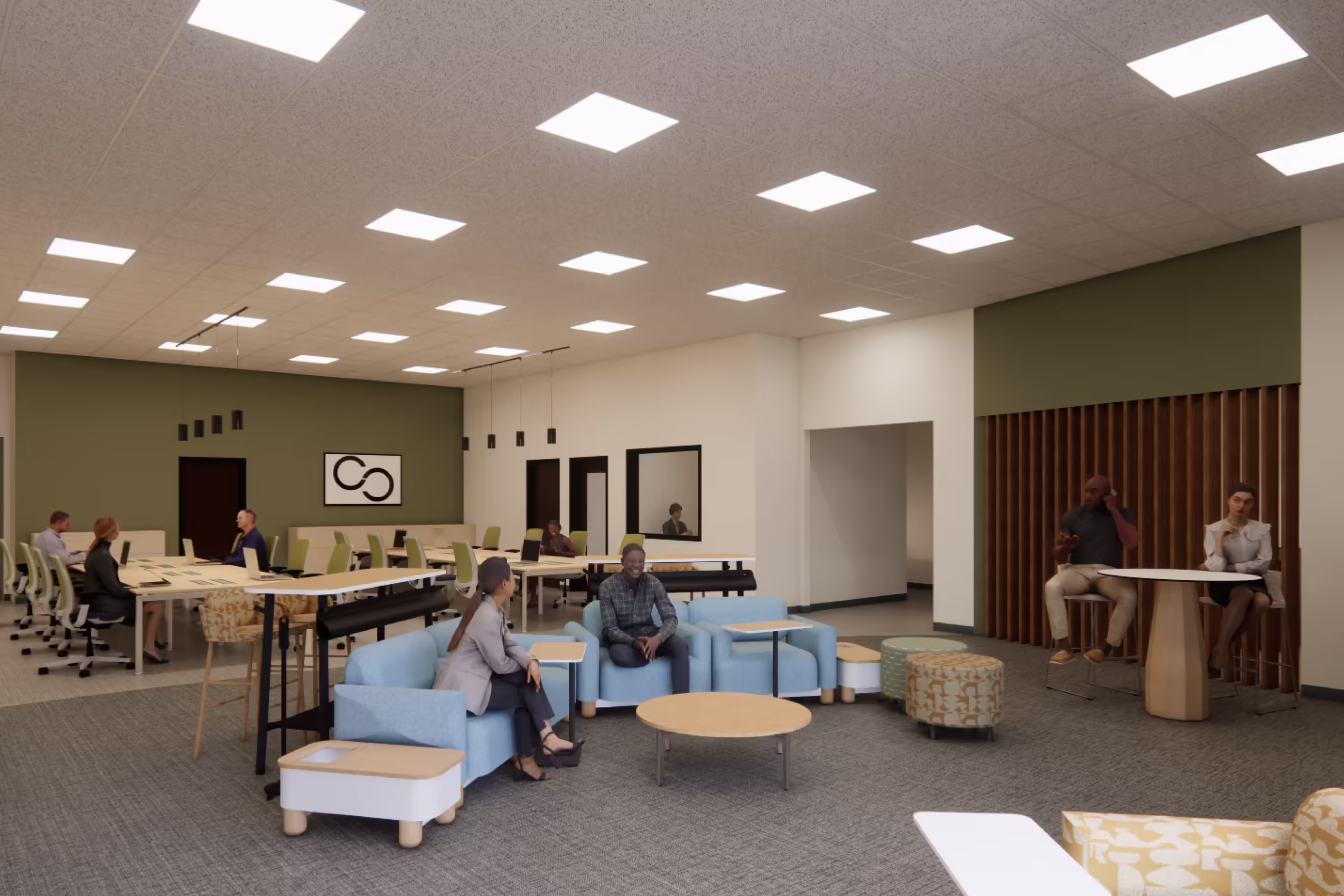 Architectural rendering of Calvary Church's unified ministry office space with staff workstations and collaborative seating.