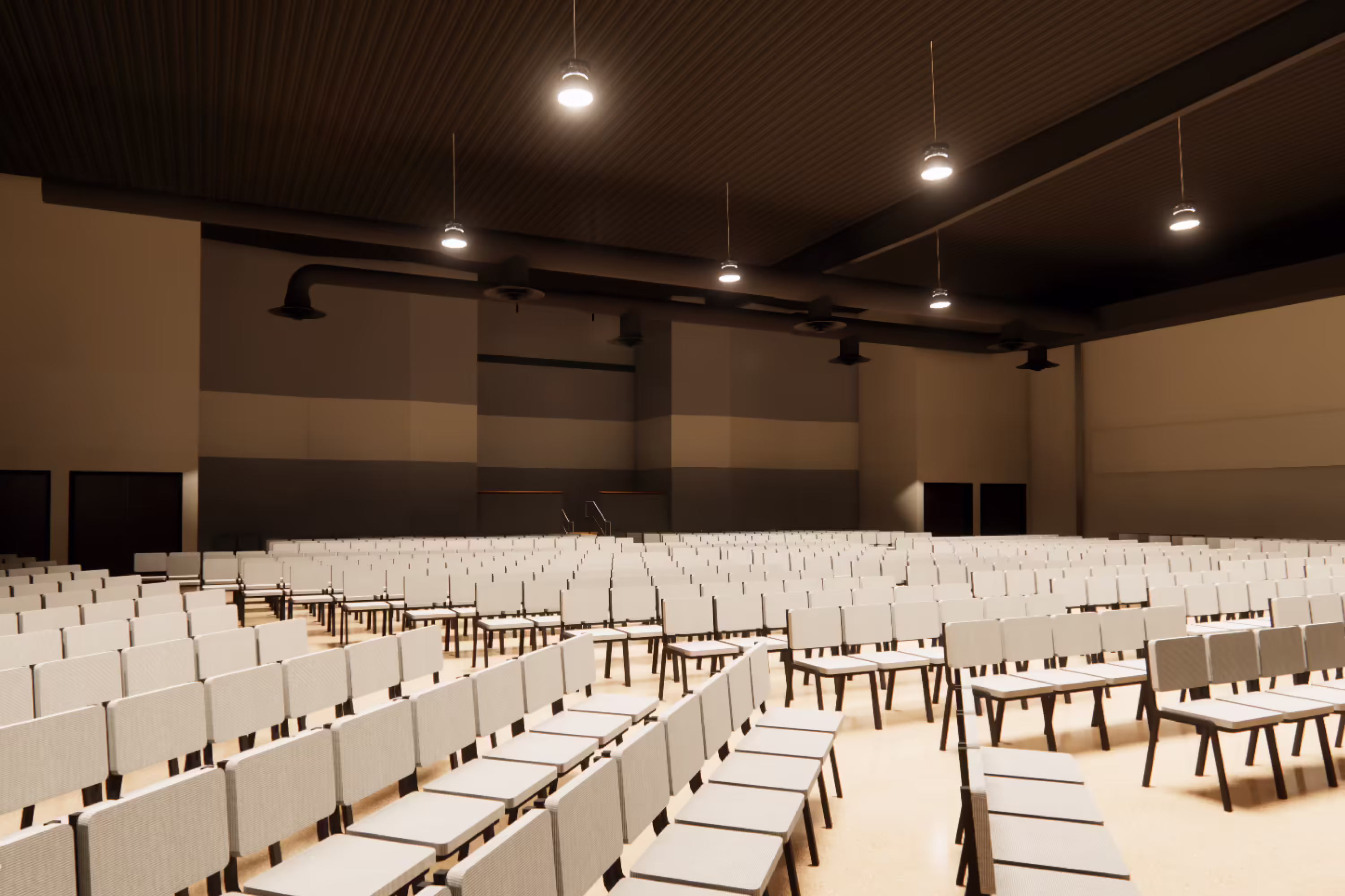 Architectural rendering of Calvary Church's expanded worship center with rows of auditorium seating.