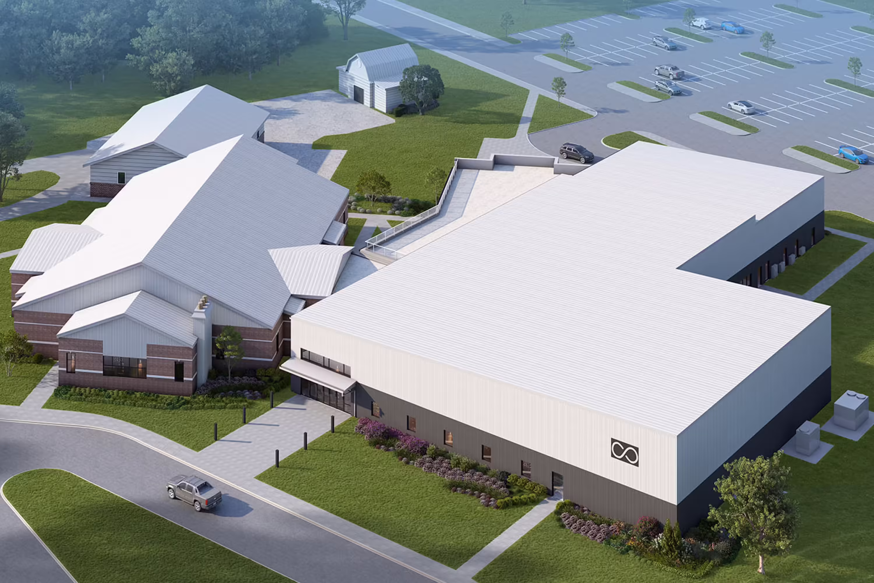 Aerial architectural rendering of the overall Calvary Church campus, showing the connected building complex, parking areas, and surrounding site design.